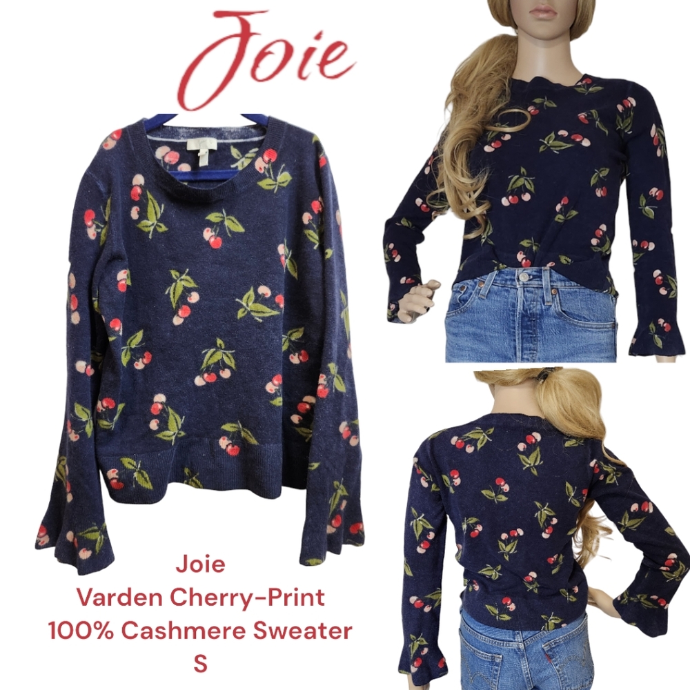 Joie Navy Cherry-Print Cashmere Sweater